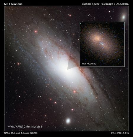 仙女座星系的蓝色区域为蓝色明亮恒星，在超大质量黑洞附近形成。目前，天文学家仍不清楚这些恒星如何在这一区域形成。他们认为包括银河系在内的其他螺旋星系也存在这种现象
