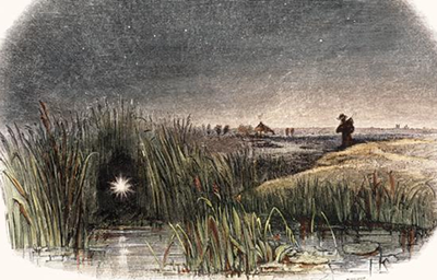 一幅19世纪的雕刻画作，展示了“沼泽鬼火”的景象