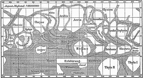 天文学家夏帕雷利绘制的世界上第一张火星地图